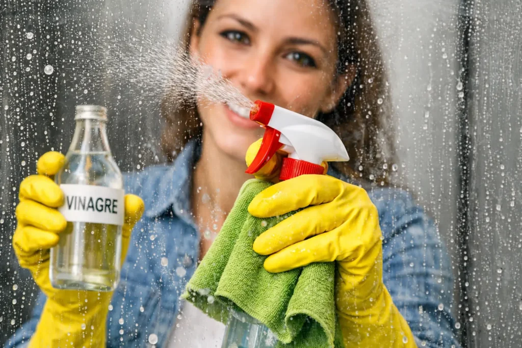 mujer limpiando vidrios